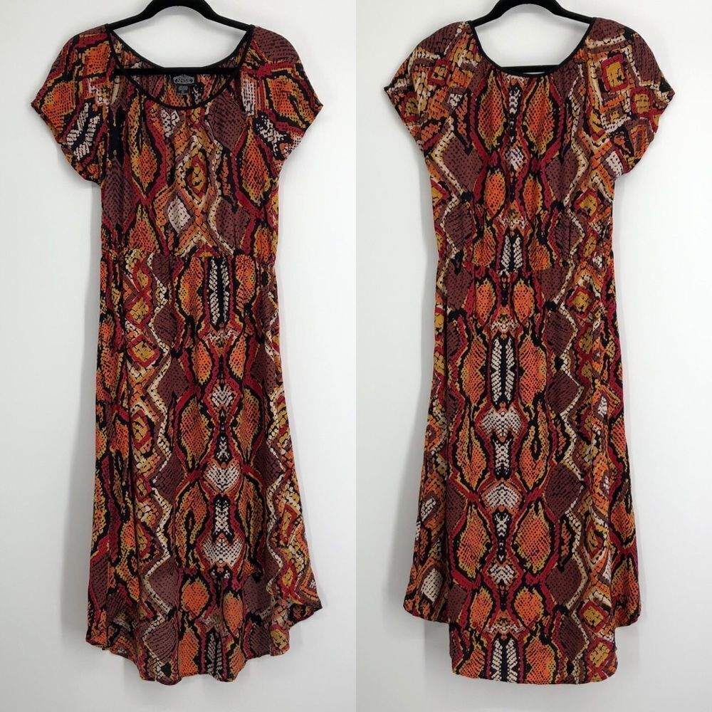 Angie Dress Womens Large Abstract High Low Midi Reptile Print Desert Earthy